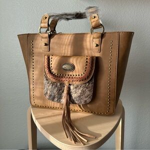 NWT Trinity Ranch Saddle Crossbody Tote Bag Genuine Leather Cowhide Accent Brown